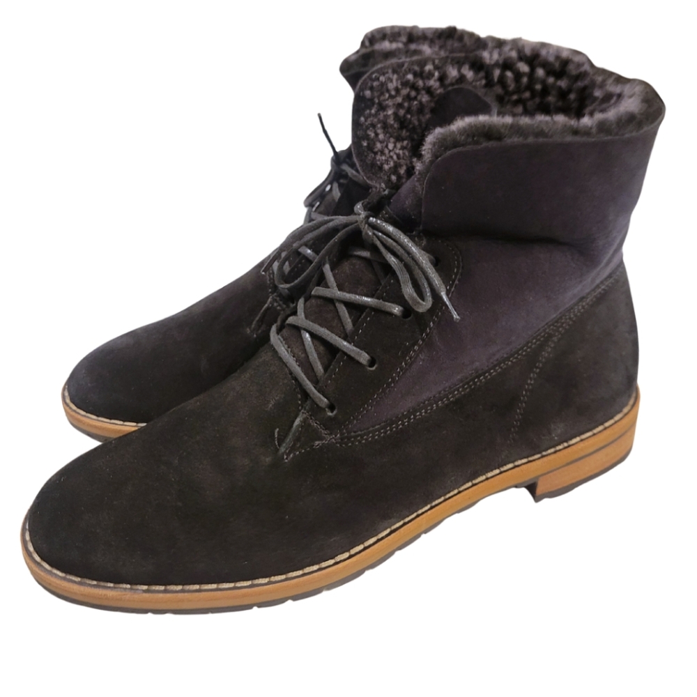 Paul Green Black Suede Lace-Up Ankle Boots with Gray Shearling Cuff - Picture 5 of 13